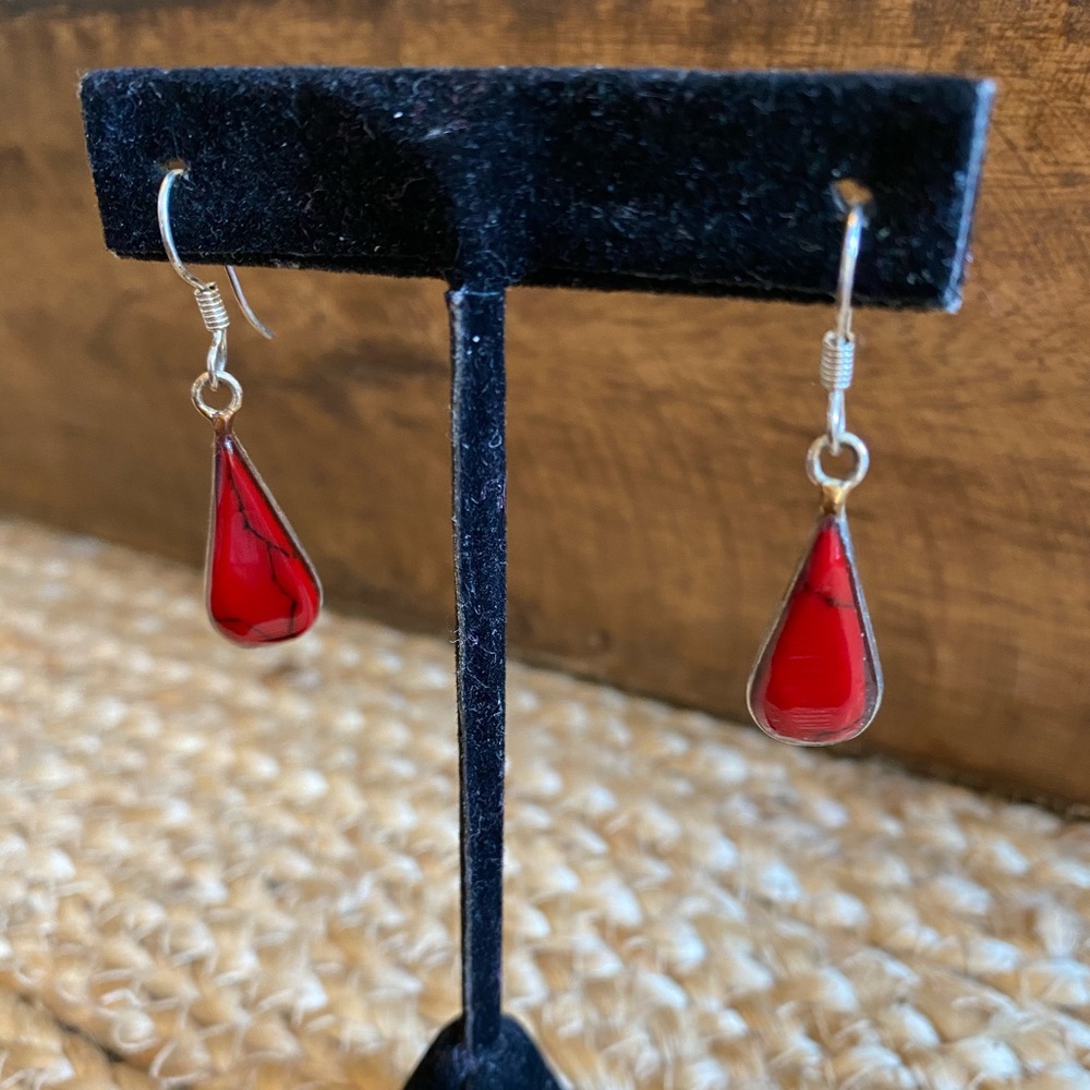 Red Mexican Silver Drop Earrings